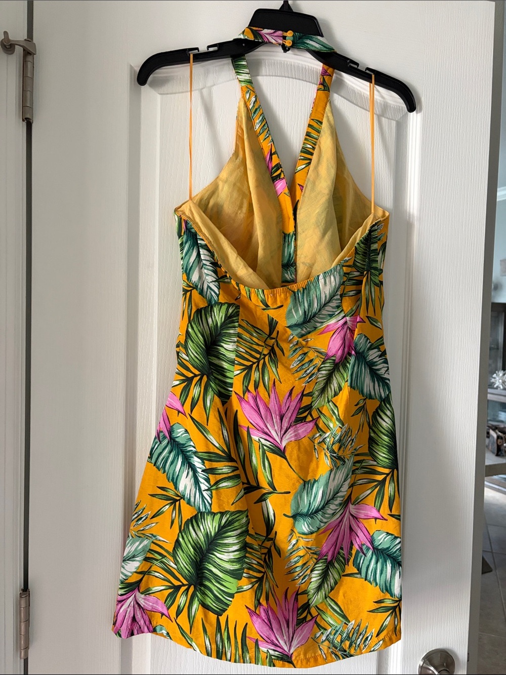 Womensx Tropical Tie-Front halter mini dress in Mustard Yellow & pinks. - Picture 2 of 2